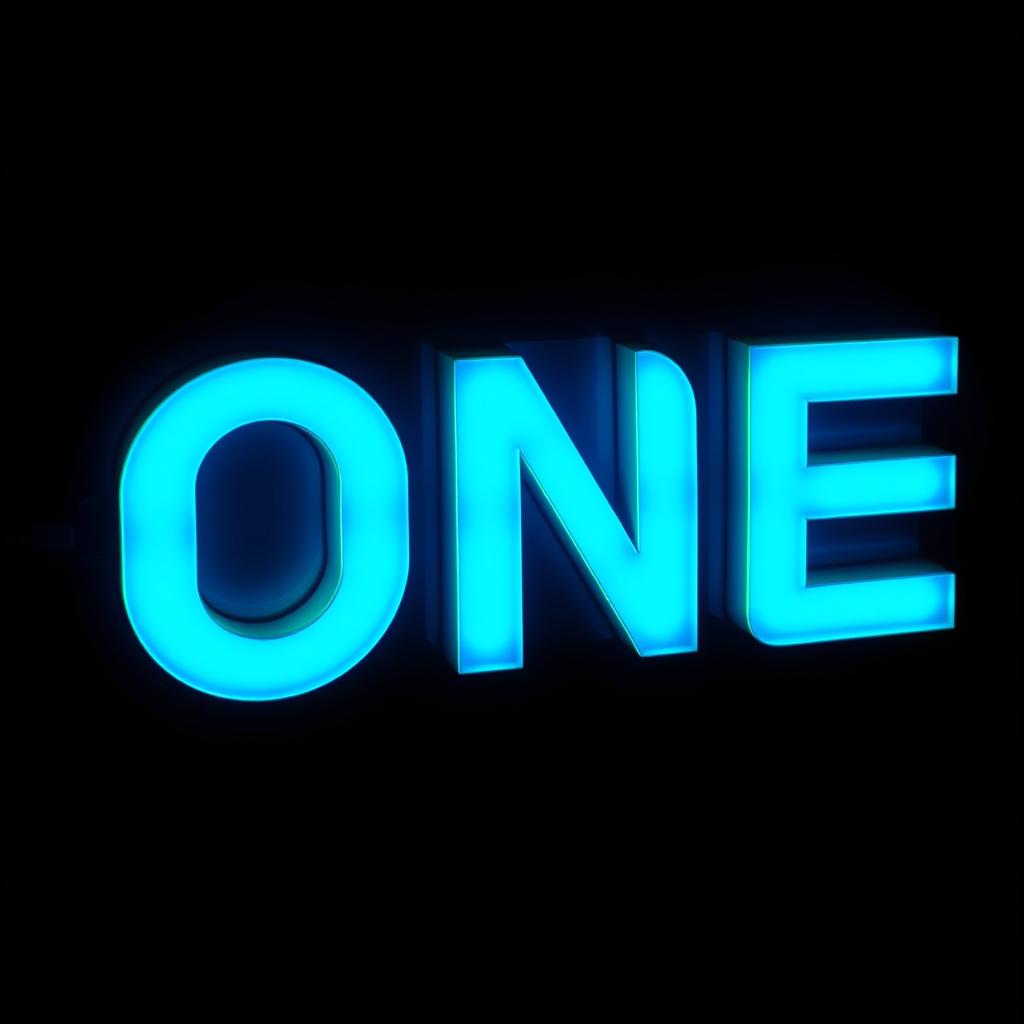 An illuminated LED text display showing the word 'One' in vibrant, glowing letters
