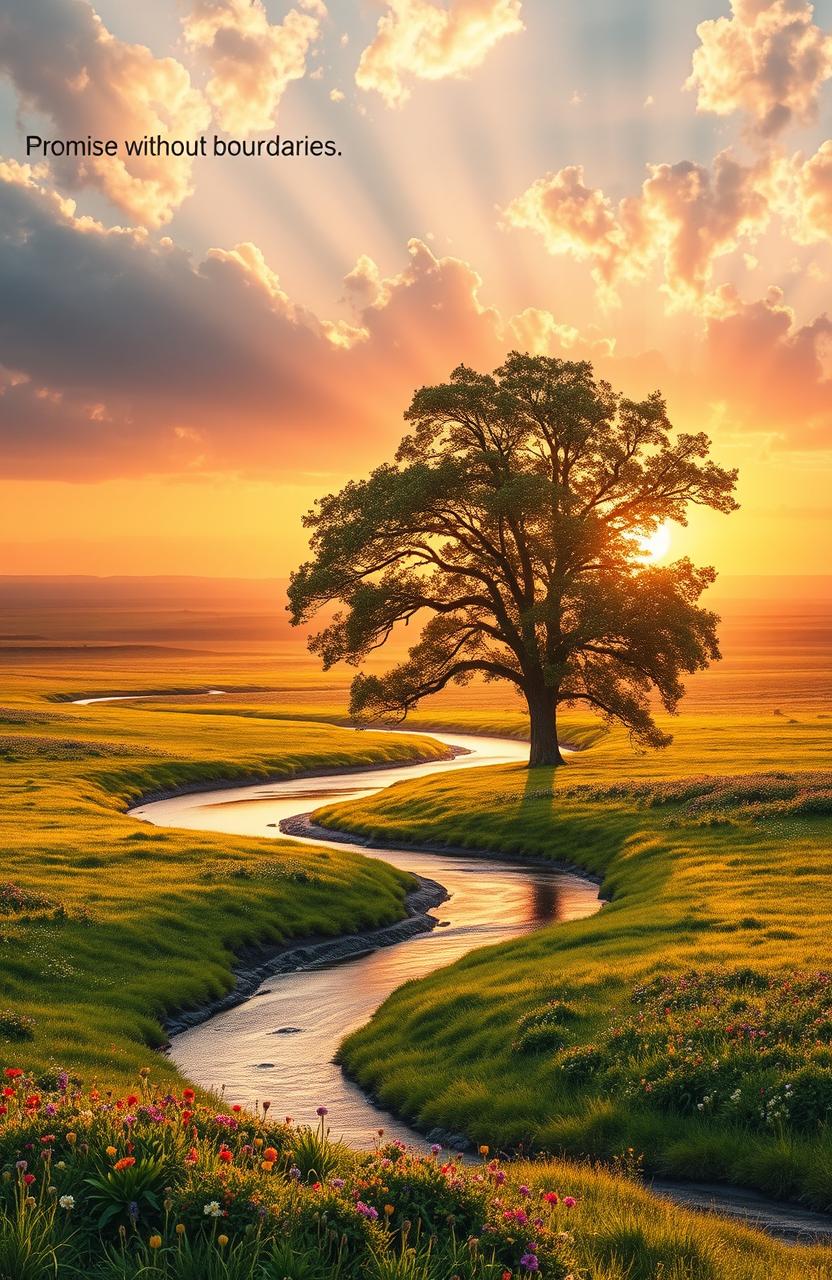 A serene landscape representing a promise without boundaries, featuring a vast, open horizon blending into a vibrant sunset that casts a warm golden light over the scene