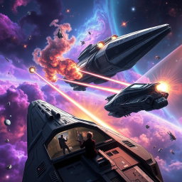An epic space opera scene depicting massive starships engaged in a stellar battle, with vibrant colors and intricate details
