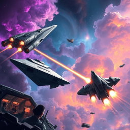 An epic space opera scene depicting massive starships engaged in a stellar battle, with vibrant colors and intricate details
