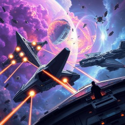 An epic space opera scene depicting massive starships engaged in a stellar battle, with vibrant colors and intricate details