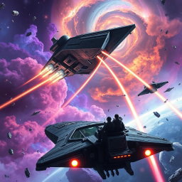 An epic space opera scene depicting massive starships engaged in a stellar battle, with vibrant colors and intricate details