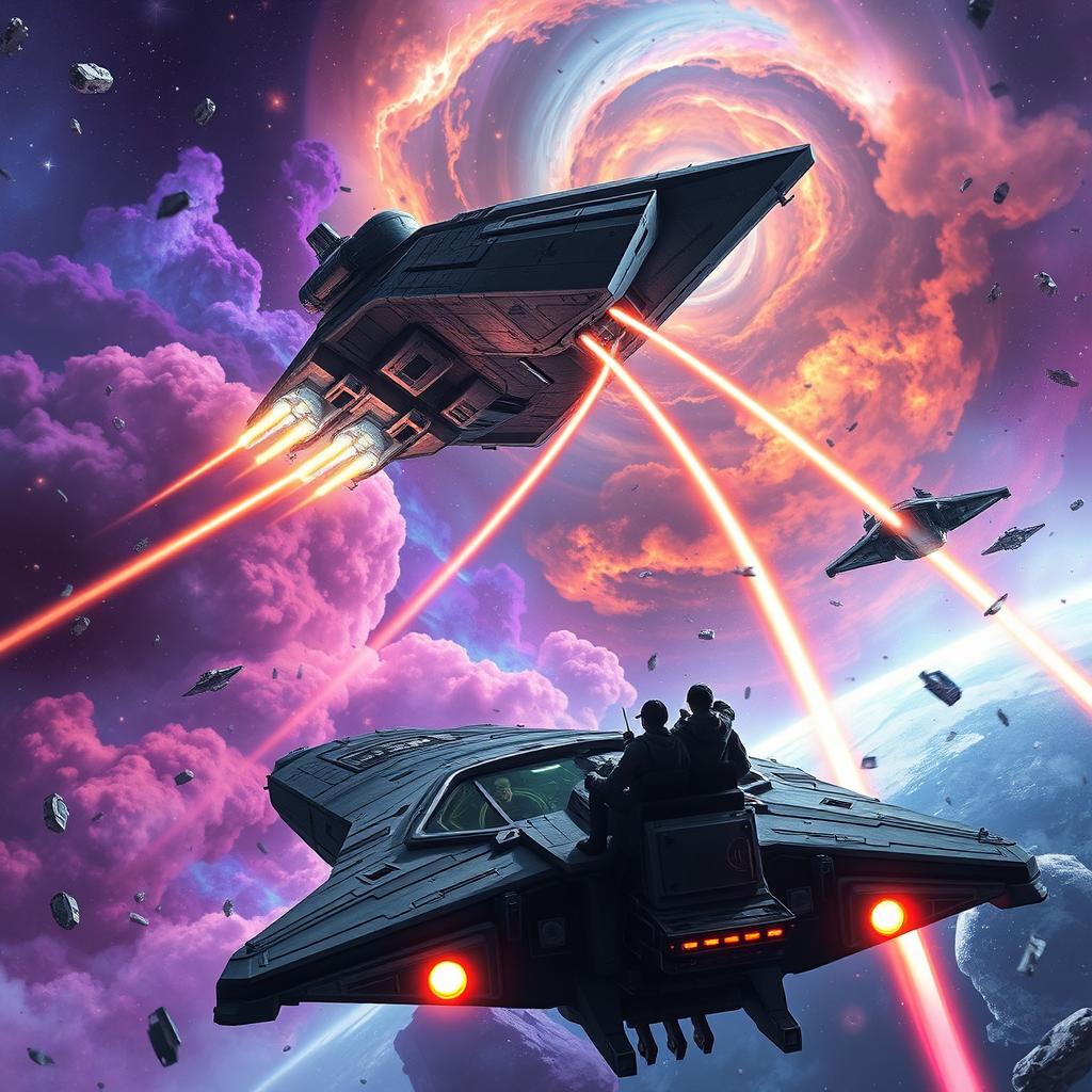 An epic space opera scene depicting massive starships engaged in a stellar battle, with vibrant colors and intricate details