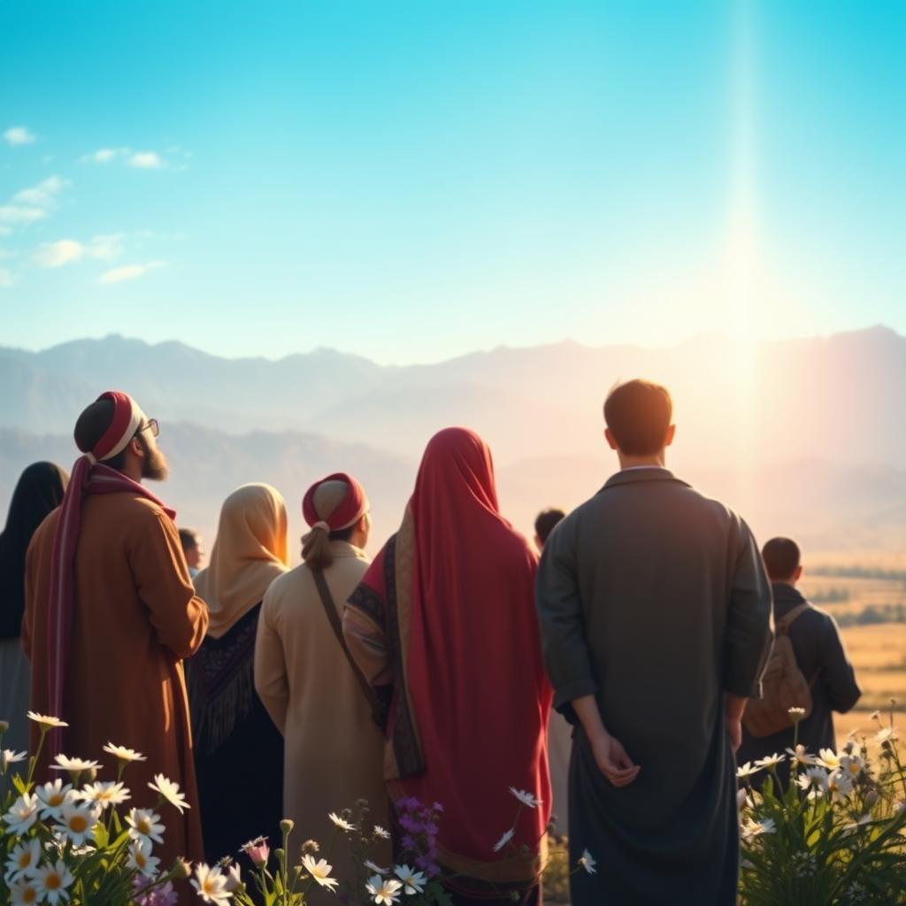 A picturesque scene depicting a serene landscape in Iran, with majestic mountains in the background under a clear blue sky