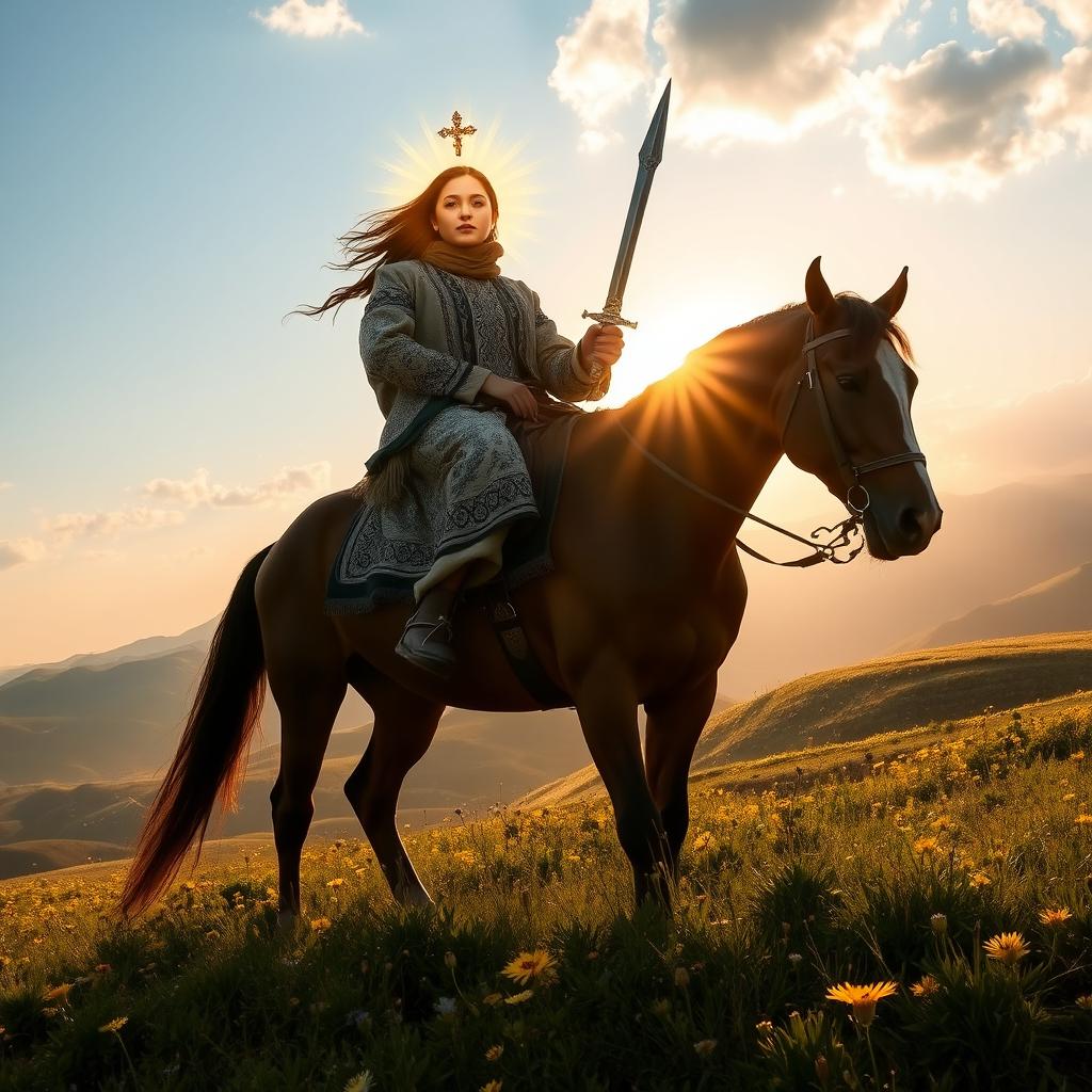 A radiant horse rider with a luminous face appearing majestically on top of a hill in Iran
