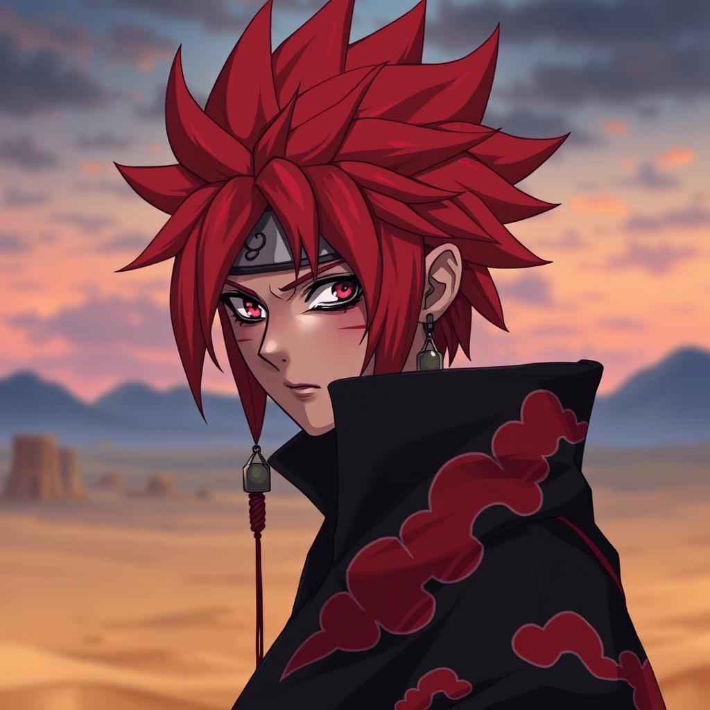 A highly detailed portrait of Sasori, the character from Naruto, showcasing his intricate red hair styled in a spiky manner, wearing a black cloak adorned with red clouds
