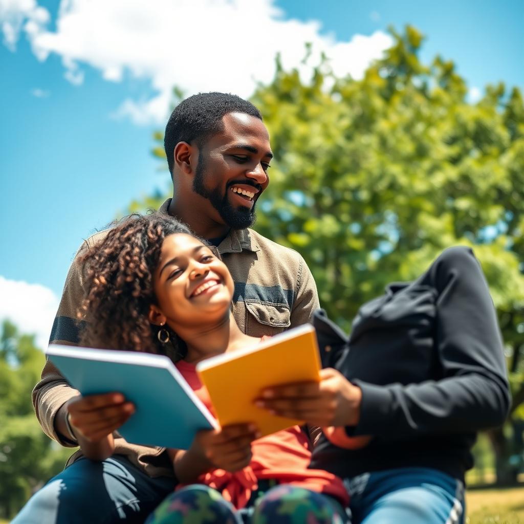 A heartwarming scene of a black father and his teenage daughter enjoying a sunny afternoon in a park, laughing and sharing stories