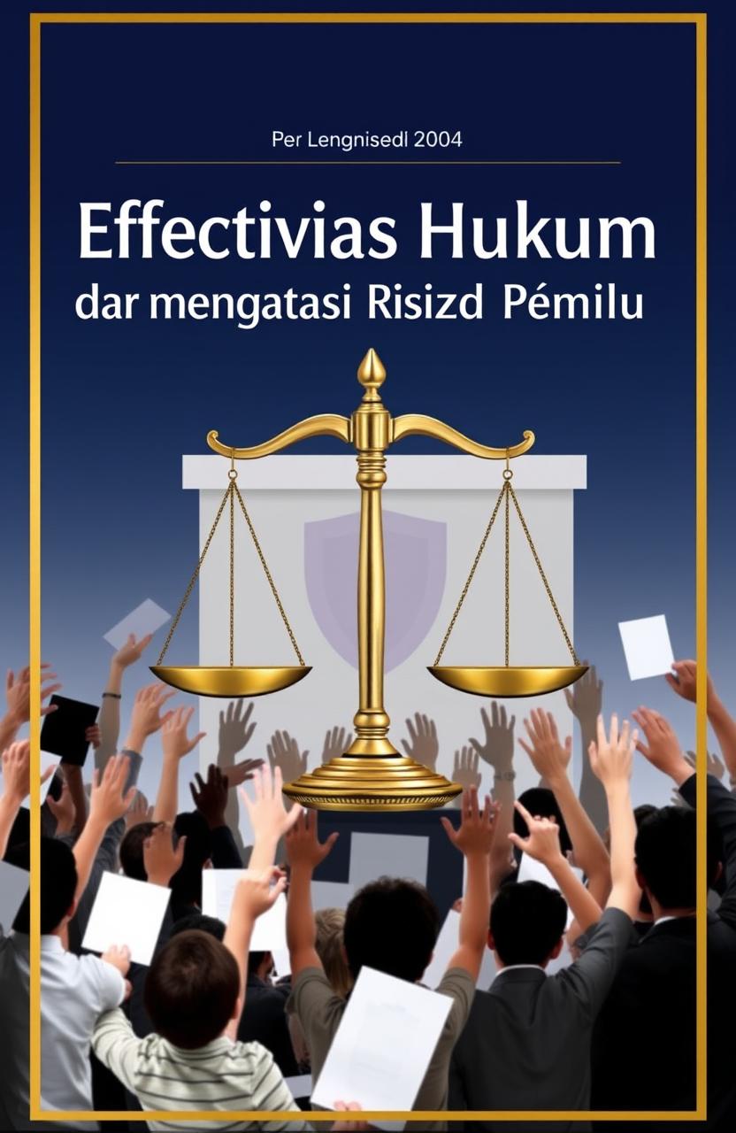 A striking book cover design for 'Efektivitas Hukum dalam Mengatasi Risiko Pemilu'