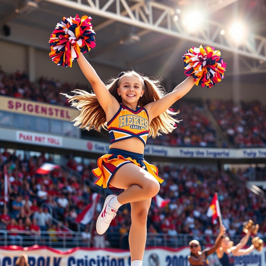 A vibrant and dynamic scene featuring a teen cheerleader performing an energetic cheerleading stunt