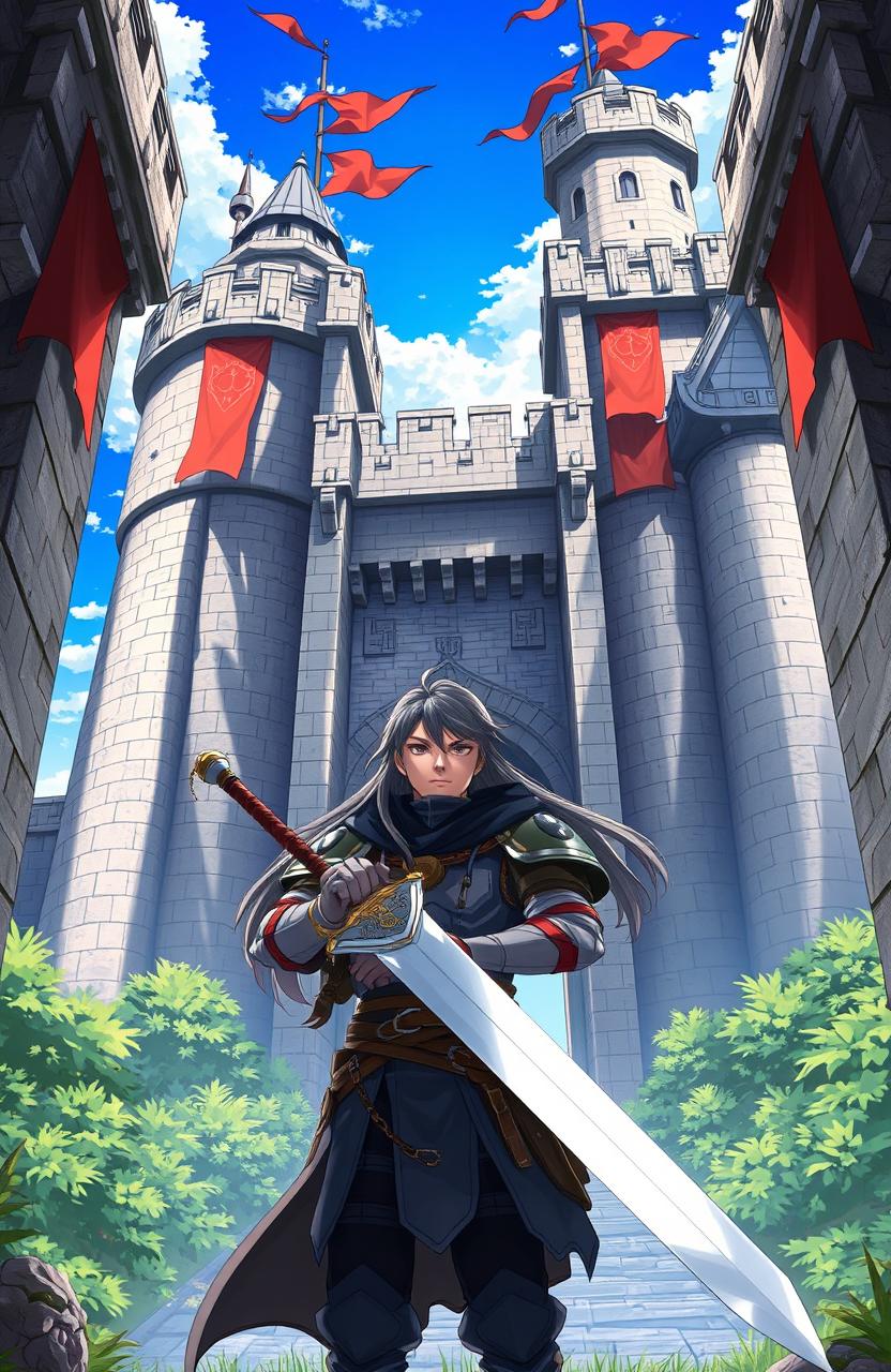 A determined anime warrior stands outside a grand castle, gazing intently at the fortified entrance