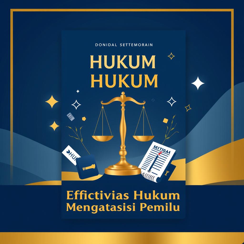 A visually compelling book cover design themed around 'Efektivitas Hukum dalam Mengatasi Risiko Pemilu'