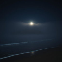 A mesmerizing scene of a beach enveloped in thick fog at night, creating an atmosphere of mystery and intrigue