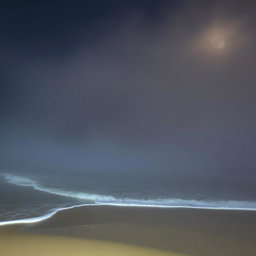 A mesmerizing scene of a beach enveloped in thick fog at night, creating an atmosphere of mystery and intrigue