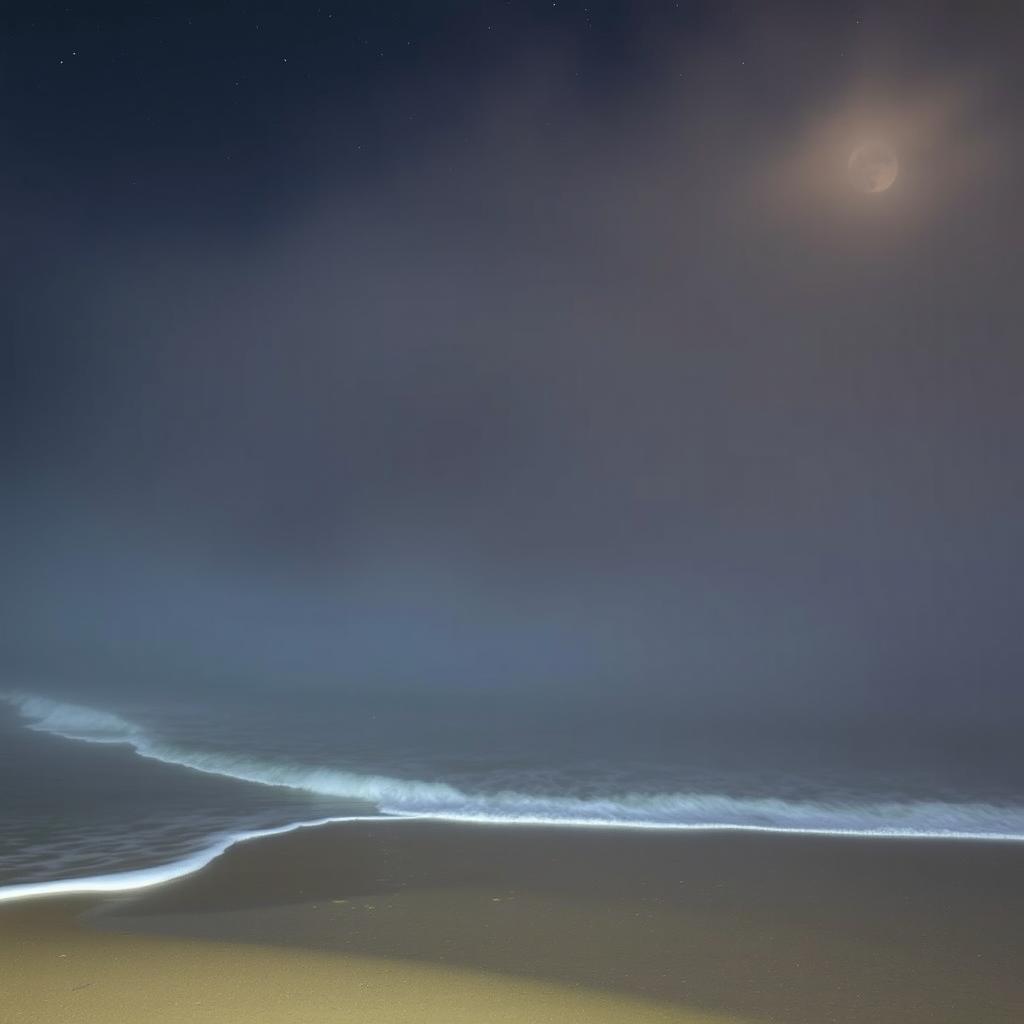 A mesmerizing scene of a beach enveloped in thick fog at night, creating an atmosphere of mystery and intrigue