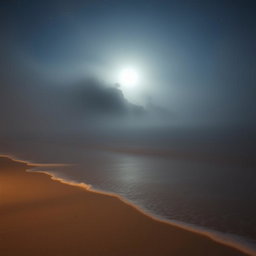 A mesmerizing scene of a beach enveloped in thick fog at night, creating an atmosphere of mystery and intrigue