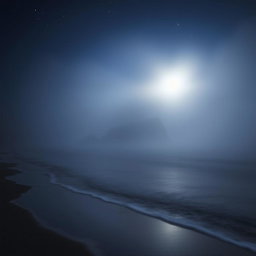 A mesmerizing scene of a beach enveloped in thick fog at night, creating an atmosphere of mystery and intrigue