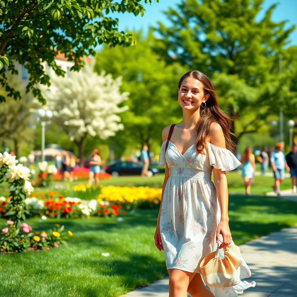 A stylish young woman in a casual dress, walking through a vibrant urban park during a sunny day