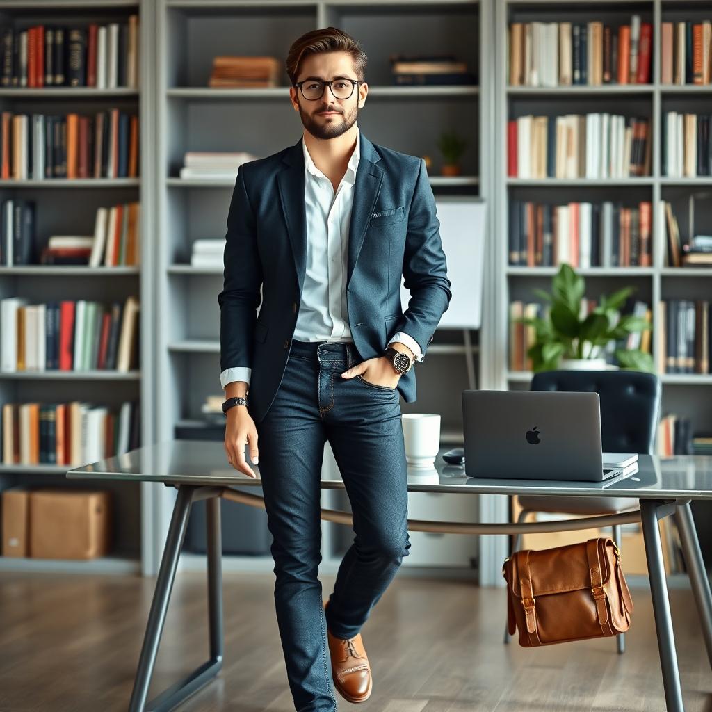 A fashionable assistant editor in a smart casual attire, featuring a tailored blazer over a crisp white shirt, paired with stylish dark jeans