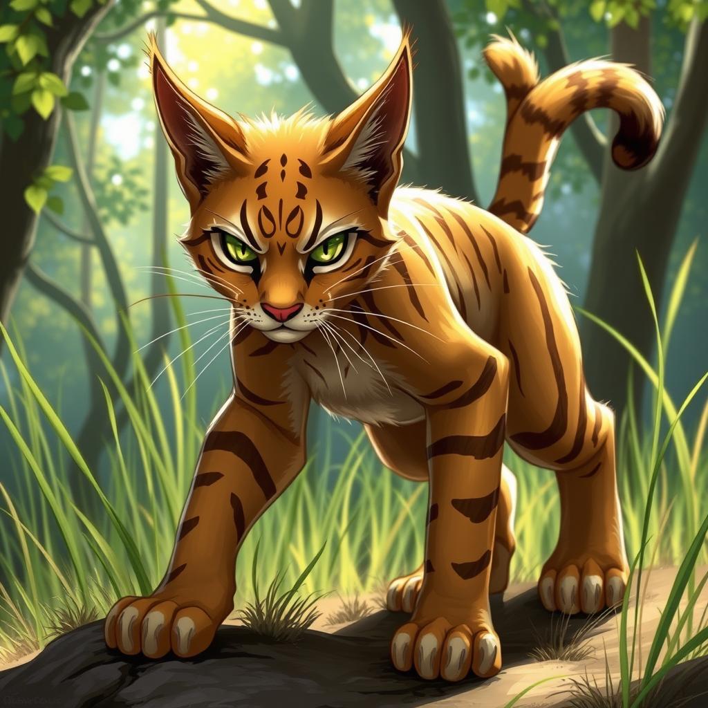 A fierce and determined female cat warrior, resembling Sandstorm from the Warrior Cats series, depicted in a natural forest setting