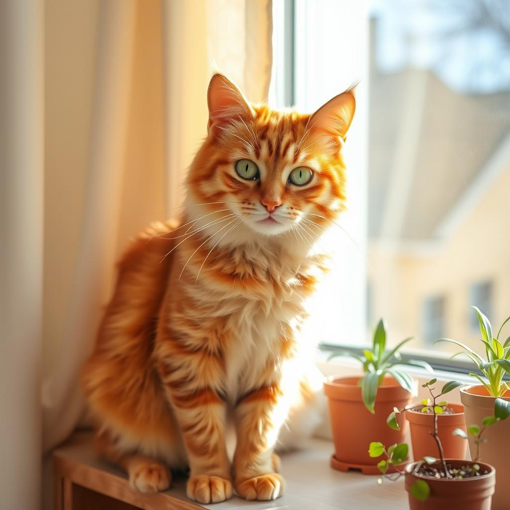 A beautiful female ginger cat sitting elegantly on a sunlit windowsill, showcasing her fluffy orange fur with subtle stripes