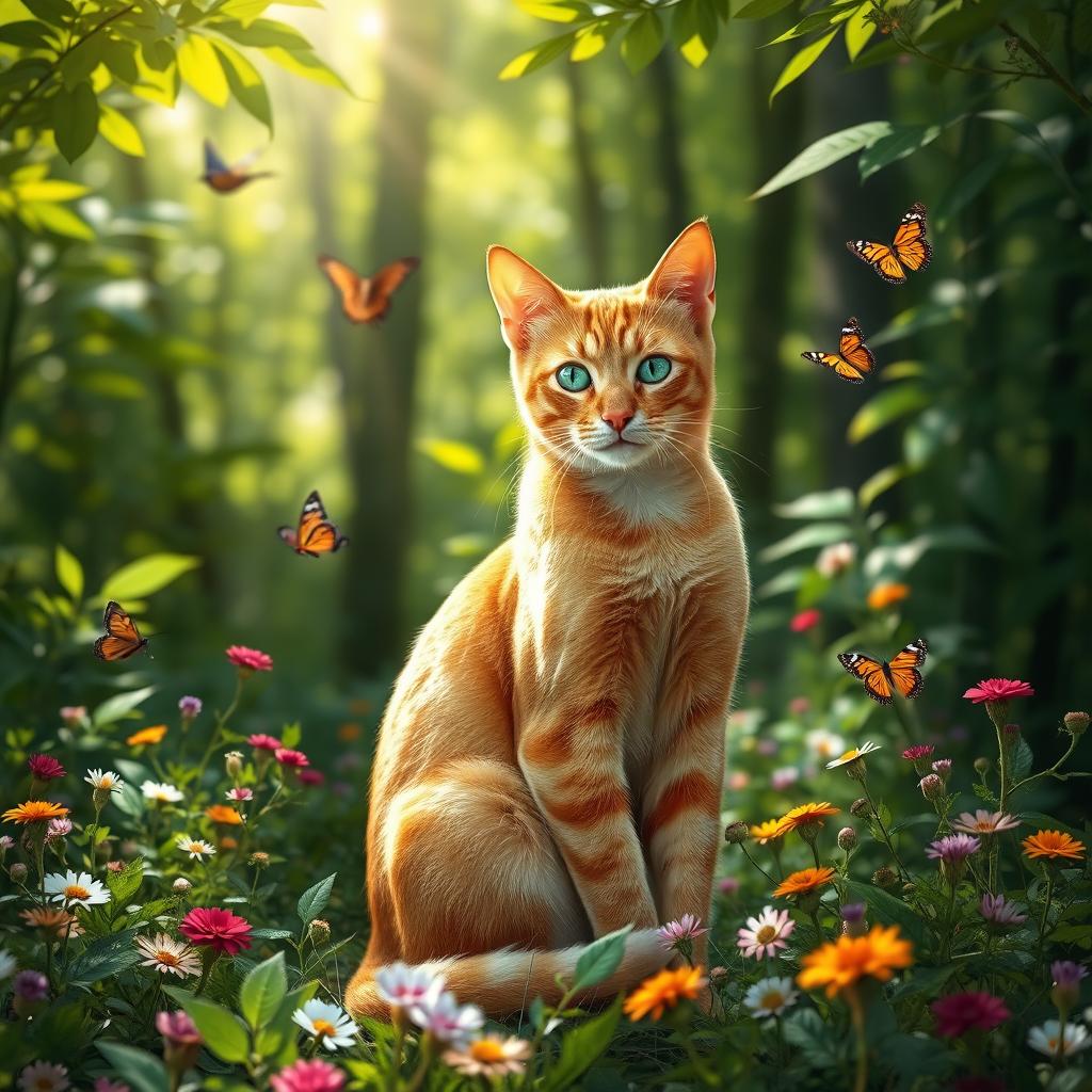 A beautiful female ginger cat gracefully sitting amidst a lush forest, surrounded by vibrant green foliage and colorful wildflowers