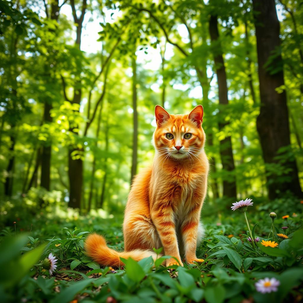 A vibrant male orange cat sitting gracefully in a lush green forest, surrounded by tall trees with dappled sunlight filtering through the leaves