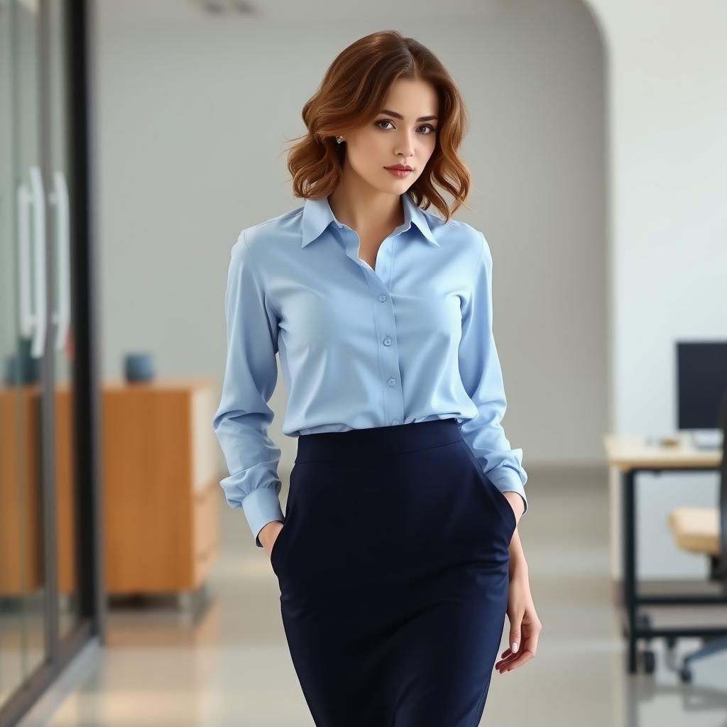 A stylish woman wearing a light blue blouse tucked into a navy pencil skirt, showcasing a chic and professional aesthetic