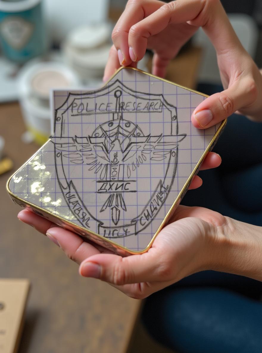 A detailed and realistic photograph of a police badge design, featuring elements like a sword, wings, and an emblematic shield