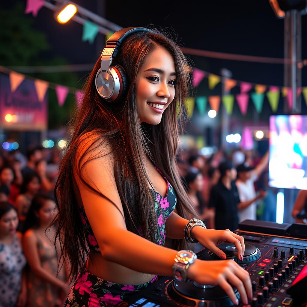 A beautiful Indonesian female DJ playing music at an outdoor festival, wearing stylish headphones, an eye-catching outfit emphasizing her trendy fashion sense, with vibrant stage lights illuminating her as she mixes tracks