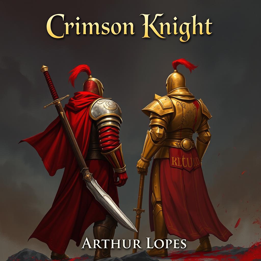 A striking fantasy illustration depicting a crimson knight in blood-red armor standing with his back turned, wielding a large sword strapped to his back