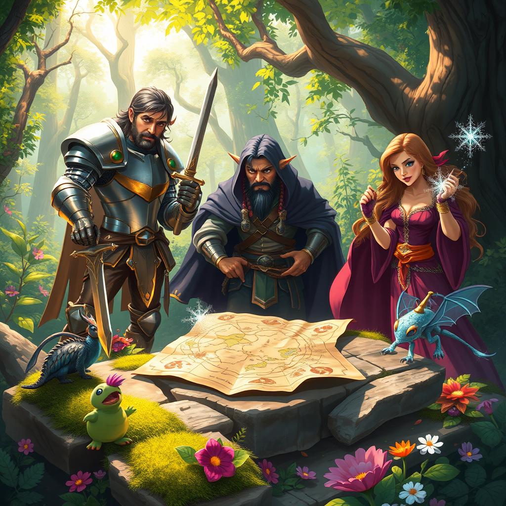 A vibrant and dynamic fantasy scene showcasing a diverse group of adventurers in an enchanting forest