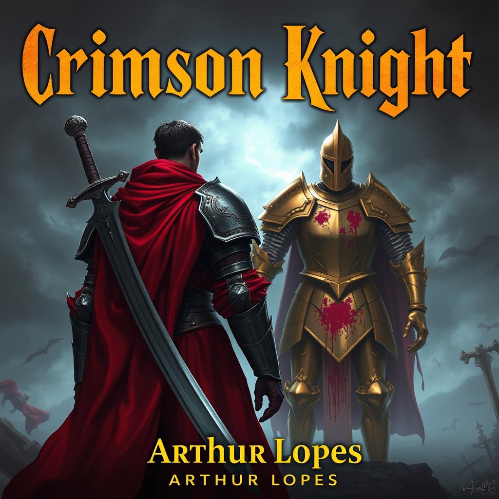 A captivating fantasy scene featuring a crimson knight clad in blood-red armor, facing away and showcasing a large sword on his back