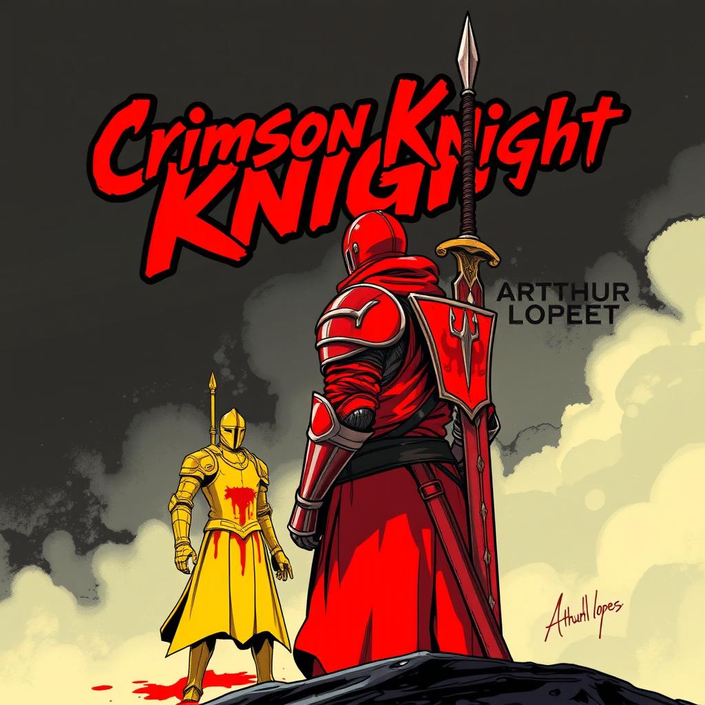 An engaging manga-style illustration featuring a crimson knight clad in blood-red armor with a large sword resting on his back, standing with his back turned