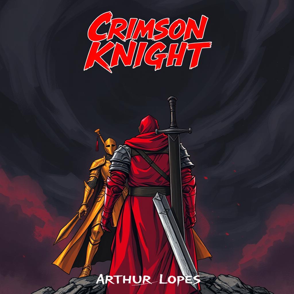 An engaging manga-style illustration featuring a crimson knight dressed in blood-red armor, standing with his back turned and a large sword strapped to his back
