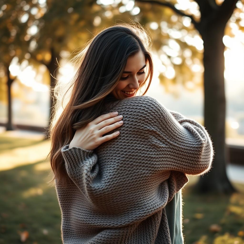 A tender moment where a woman hugs a man from behind, both of them smiling softly