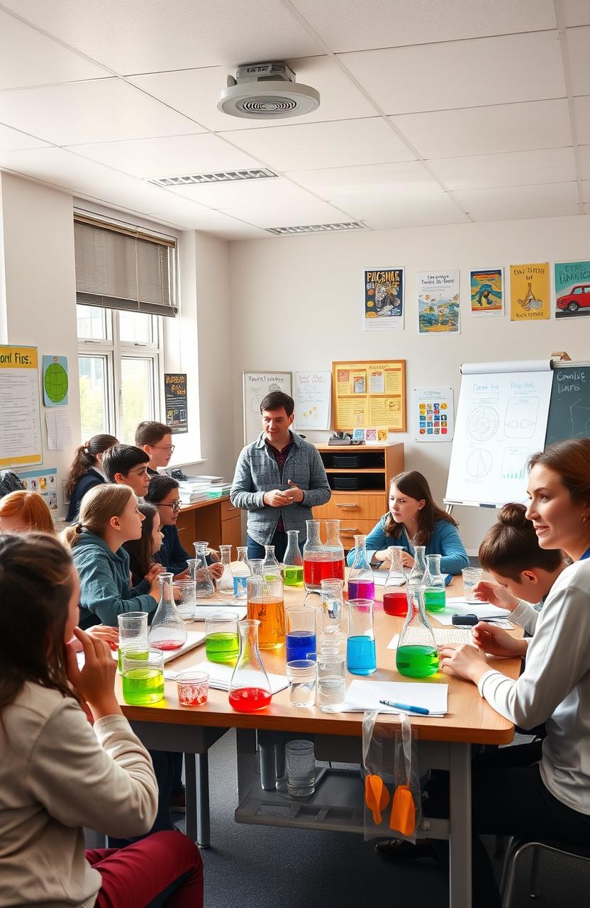 An engaging educational scene in a grade 8 classroom, showcasing students actively participating in a science experiment