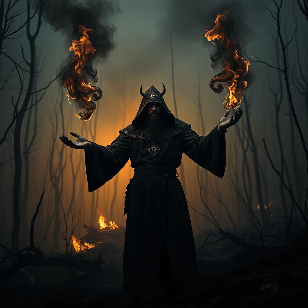 A Tiflin cleric raising black flames in a devastated forest, surrounded by charred trees and smoke