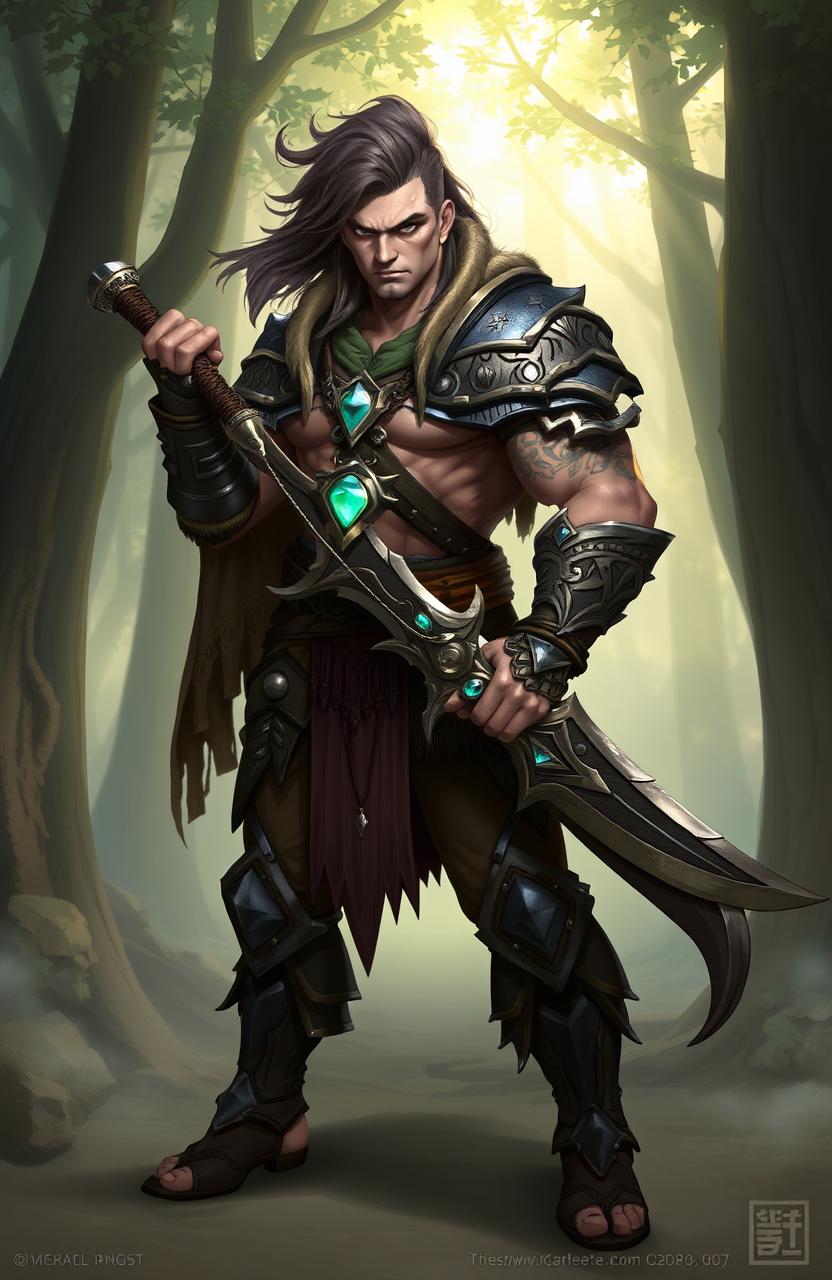 A highly detailed character design of a fantasy warrior, featuring a strong, muscular figure adorned in intricate armor that reflects a blend of medieval and tribal aesthetics