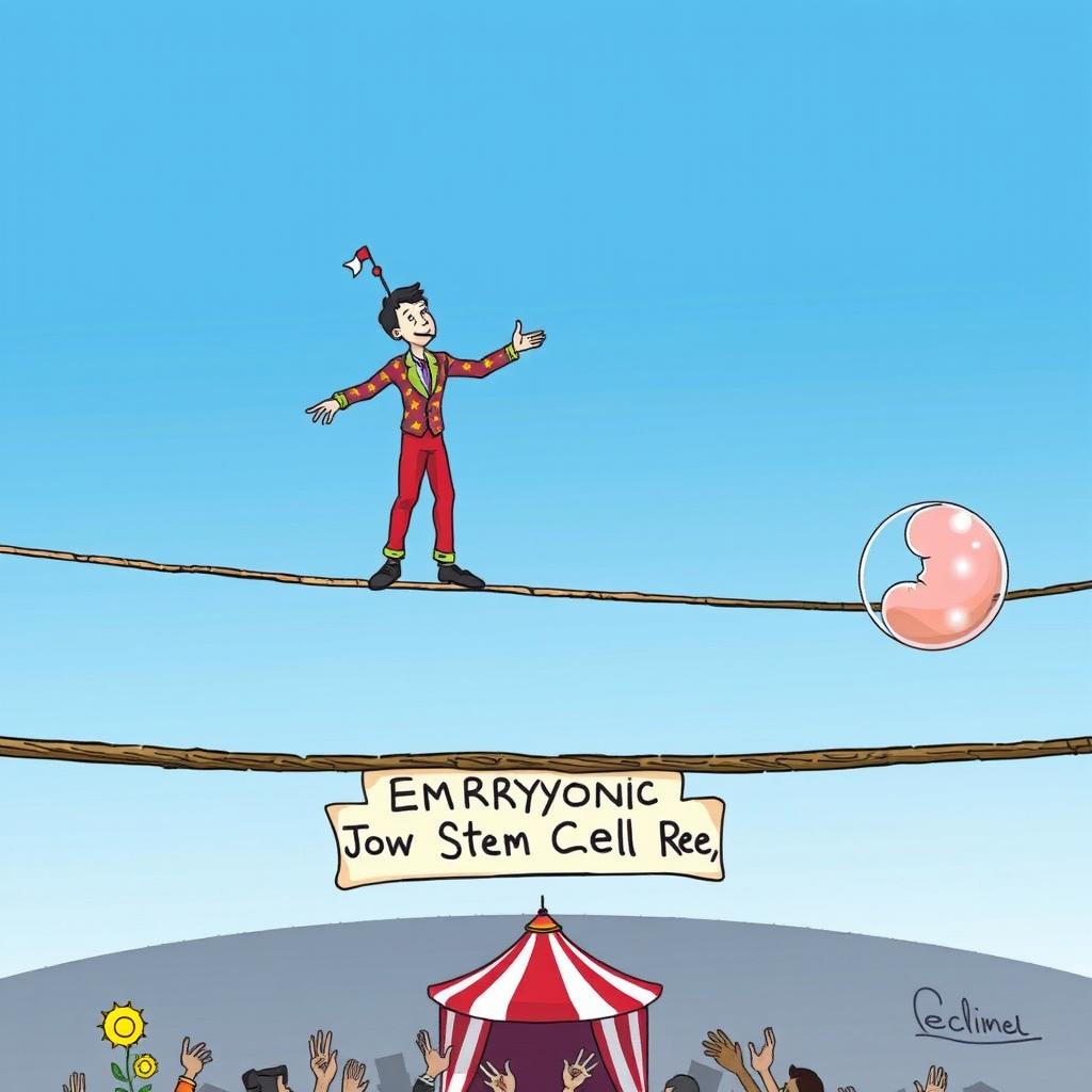 A cartoon depicting a tightrope walker precariously balancing on a tightrope labeled 'Embryonic Stem Cell Research'