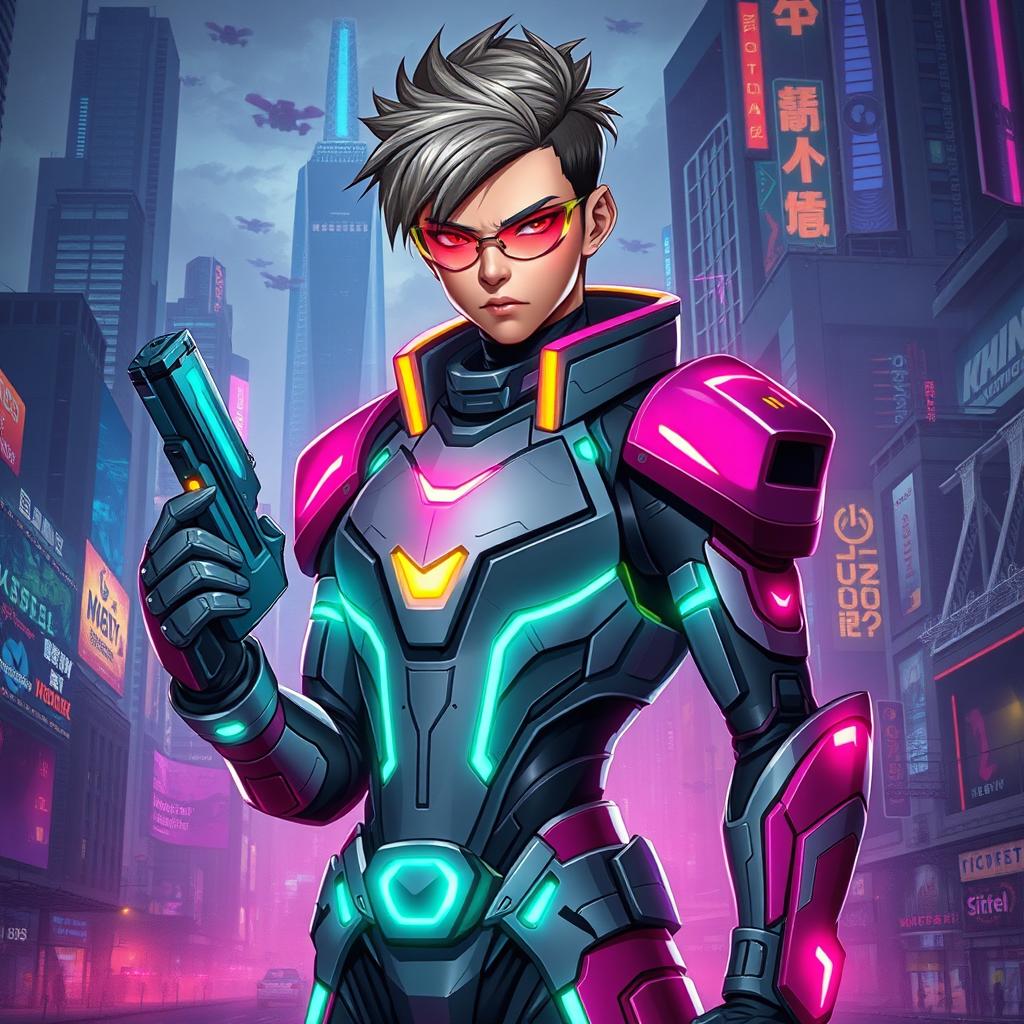 A stunning character design of a futuristic cyberpunk hero, featuring sleek, high-tech armor with neon accents that glow against the dark city backdrop