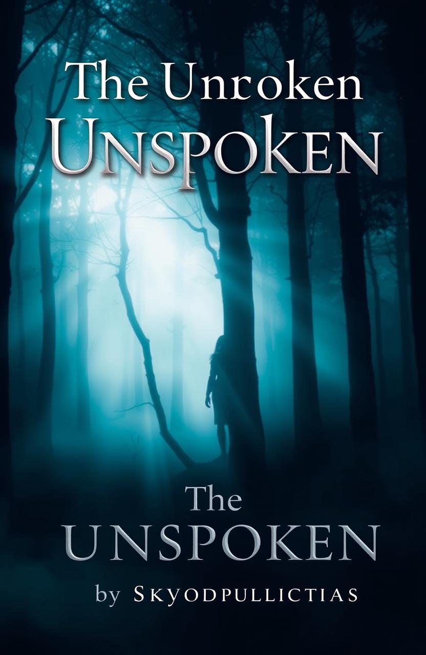 A captivating book cover for 'The Unspoken' by Skywood Publications, featuring an abstract silhouette of a mysterious figure in a misty forest