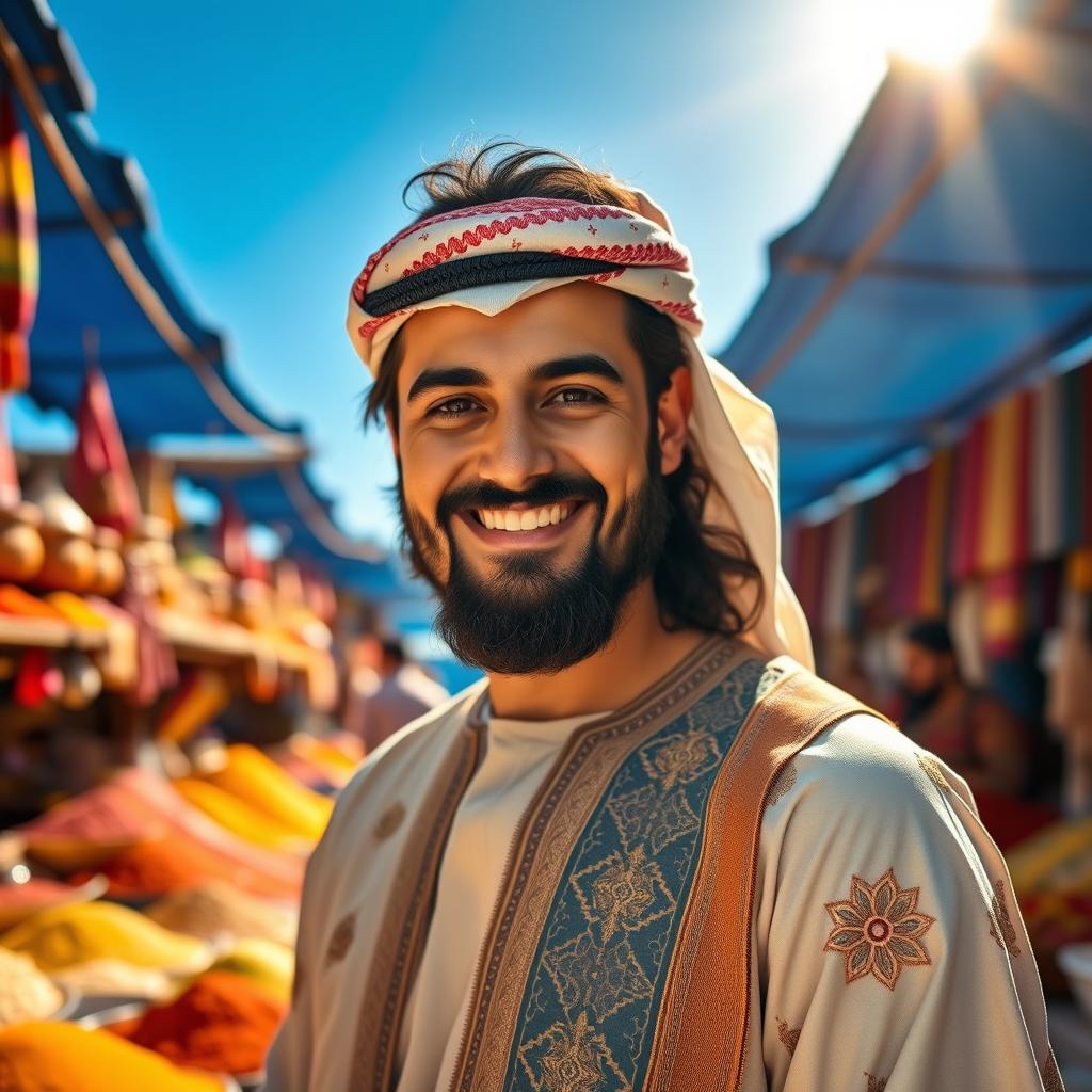 A handsome Arabian man with dark hair and a well-groomed beard, wearing traditional attire that features intricate patterns