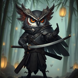 A fascinating owlin character, embodying the traits of a rogue and a samurai, standing poised in a dynamic pose