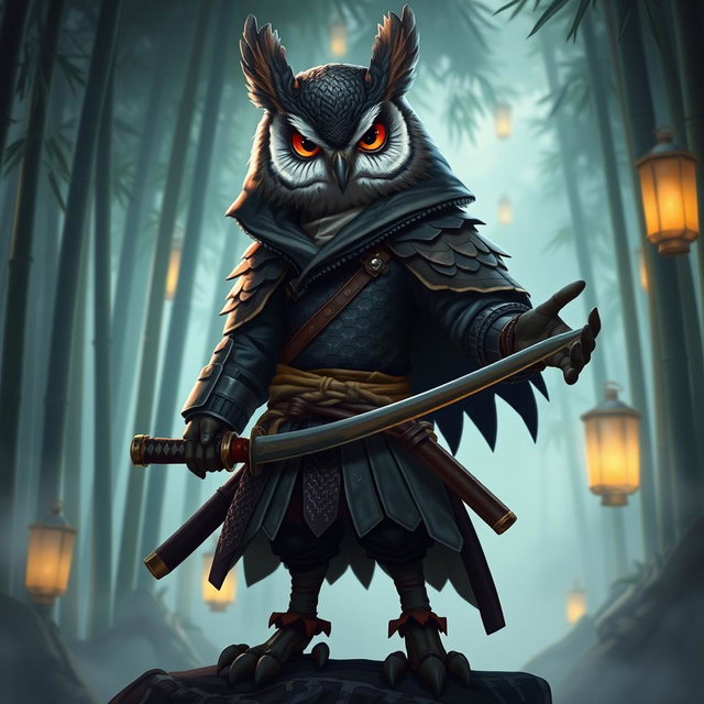 A fascinating owlin character, embodying the traits of a rogue and a samurai, standing poised in a dynamic pose
