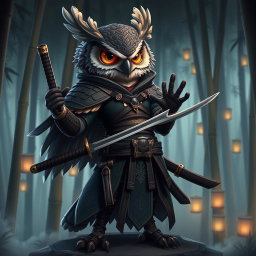 A fascinating owlin character, embodying the traits of a rogue and a samurai, standing poised in a dynamic pose