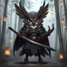 A fascinating owlin character, embodying the traits of a rogue and a samurai, standing poised in a dynamic pose