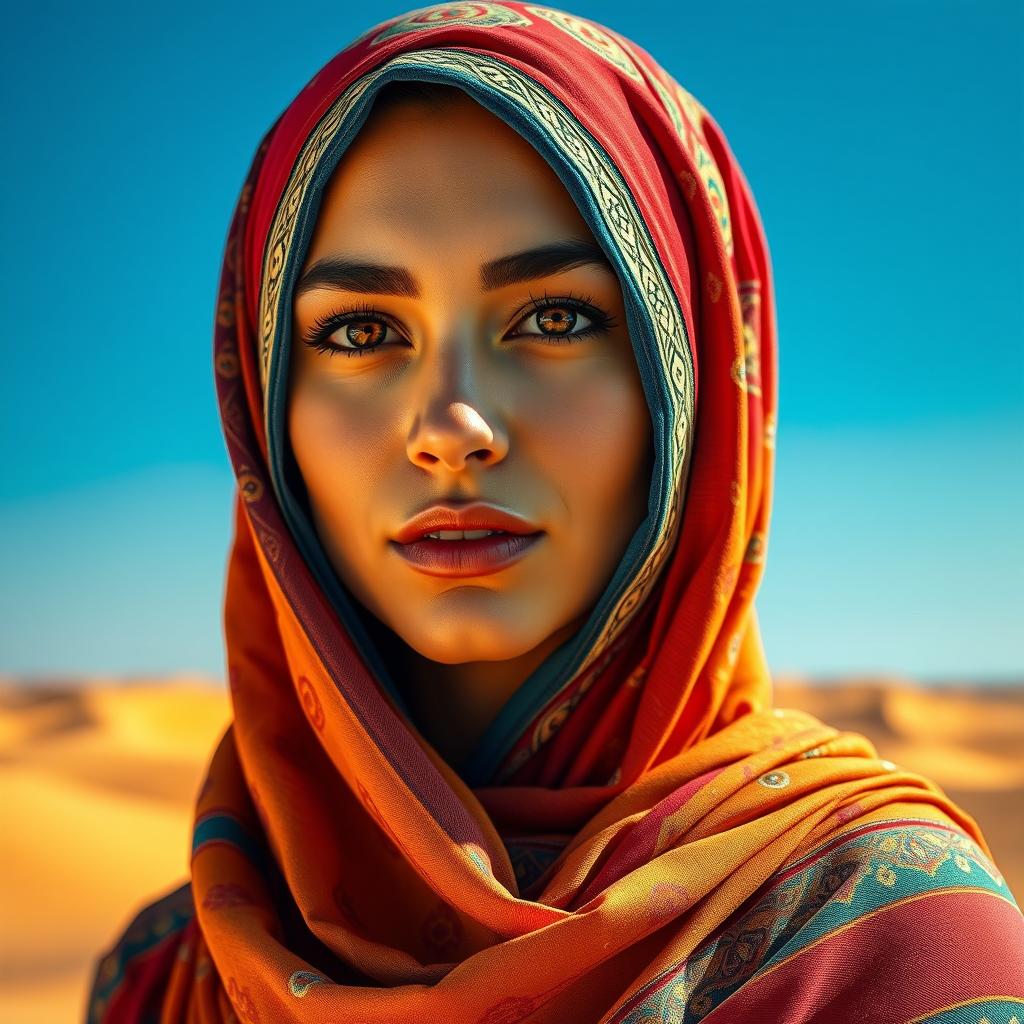 A stunning portrait of an Arab woman wearing a traditional hijab in vibrant colors, adorned with intricate patterns