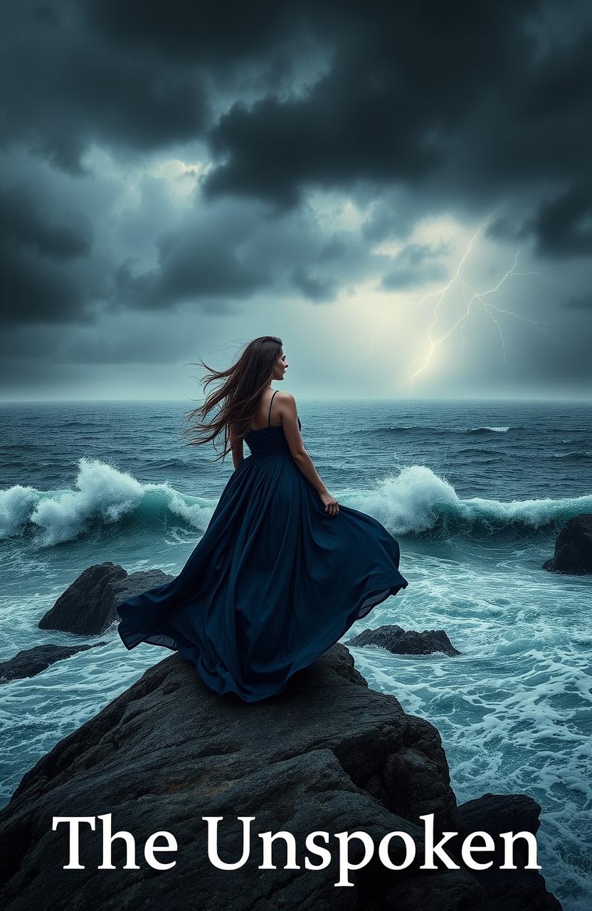 A dramatic and emotional scene depicting a lone figure standing on a cliff overlooking a turbulent ocean under a stormy sky