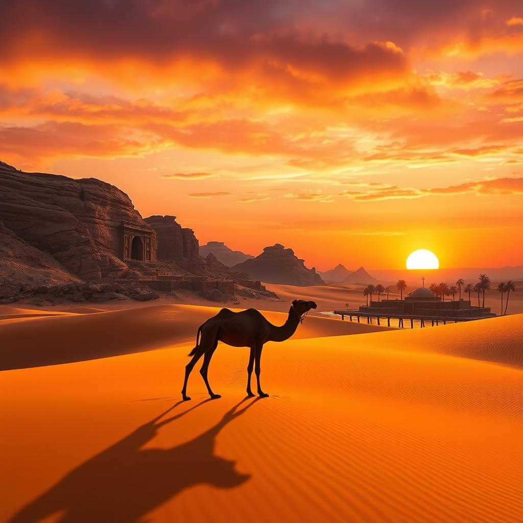 A stunning Arab landscape showcasing a traditional desert scene at sunset, with golden sand dunes stretching out under a vibrant orange and purple sky