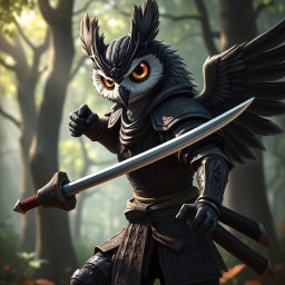 An Owlin rogue samurai character from Dungeons & Dragons, featuring a sleek and agile design